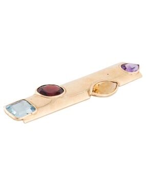 WOW! Vintage 14K Gold Multi-Stone Bar Brooch Topaz Garnet Citrine Amethyst